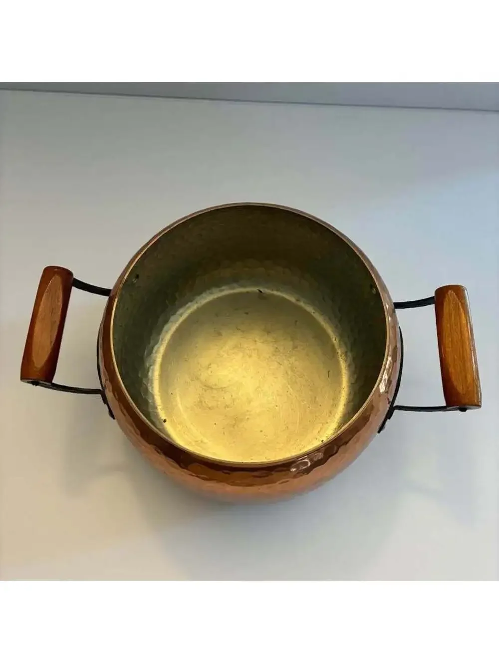 Vintage Hammered Copper Pot Wrought Iron Wood Handles Rustic Country Kitchen